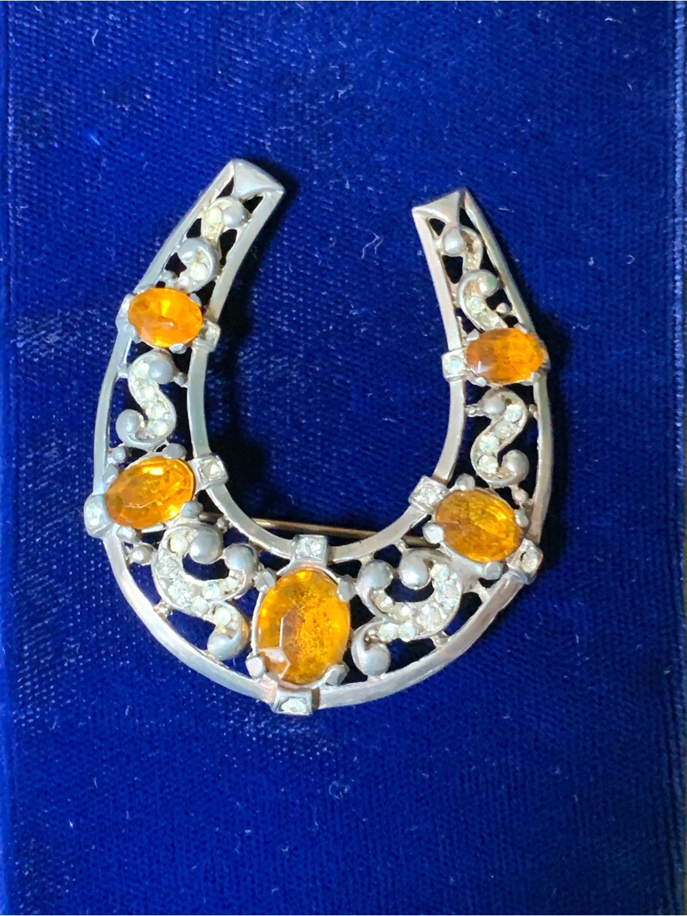 Antique Silver-Tone Horseshoe Brooch with Amber Orange Rhinestones